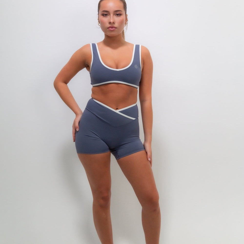 I Am Right Where I Need To Be Slate Blue Butter Sports Bra - Rockstar Peach