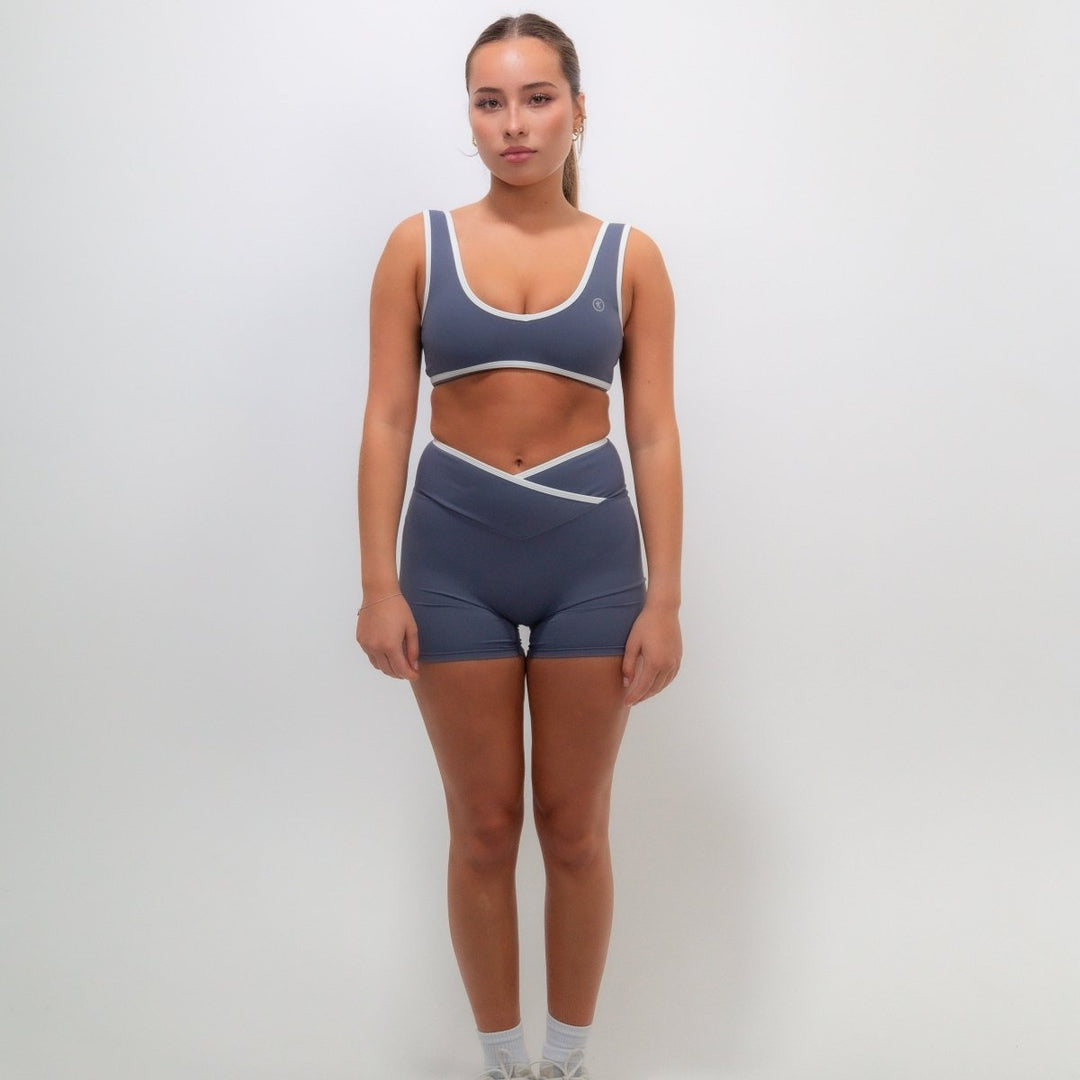 I Am Right Where I Need To Be Slate Blue Butter Sports Bra - Rockstar Peach