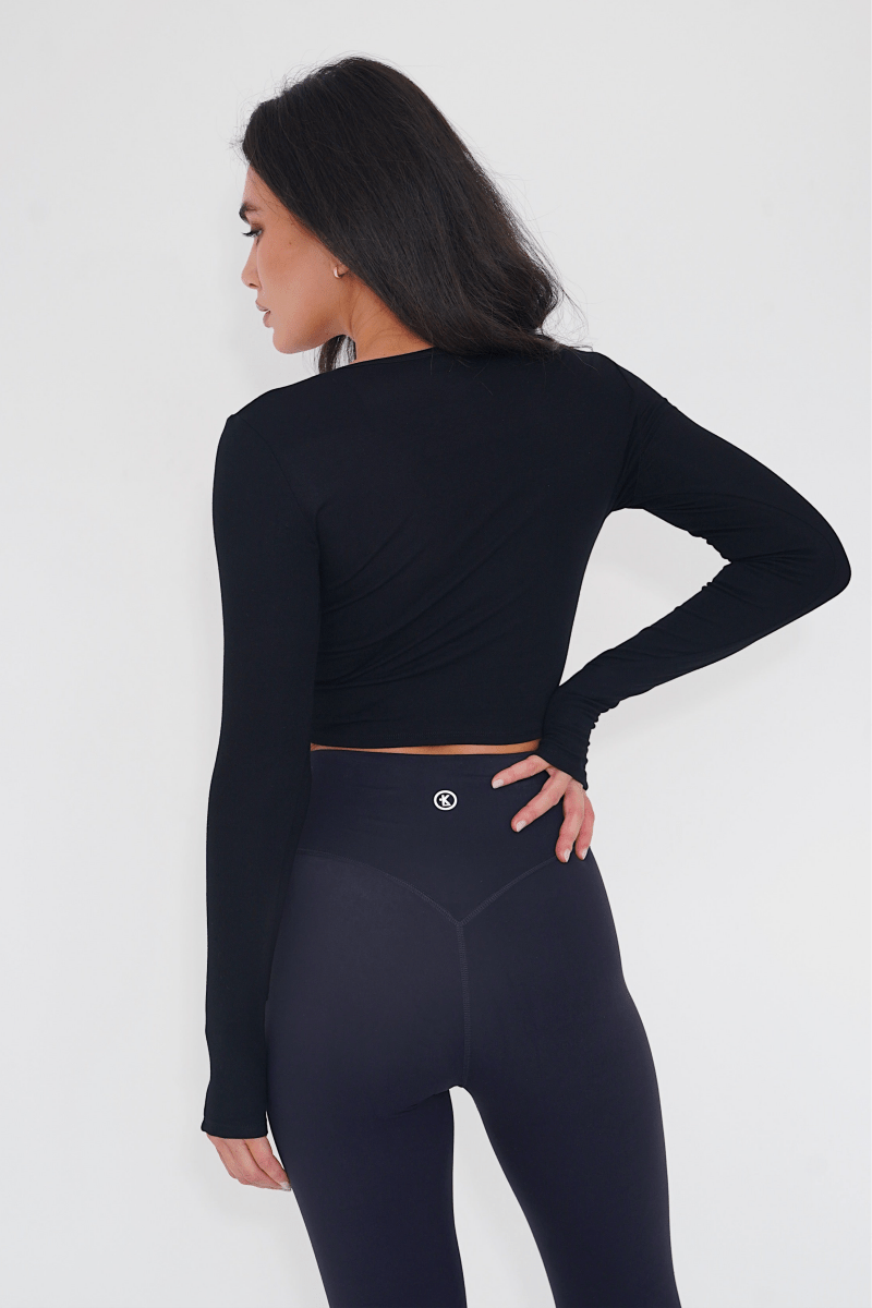 I Release Doubt Buttery Soft Black Long Sleeve Crop Top - Rockstar Peach