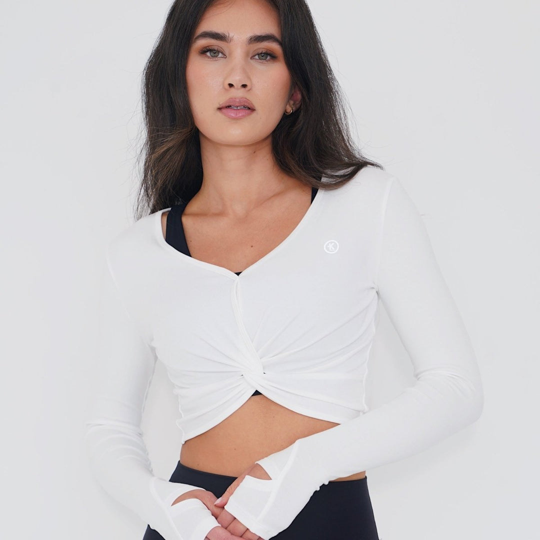 I Release Doubt Buttery Soft White Long Sleeve Crop Top - Rockstar Peach